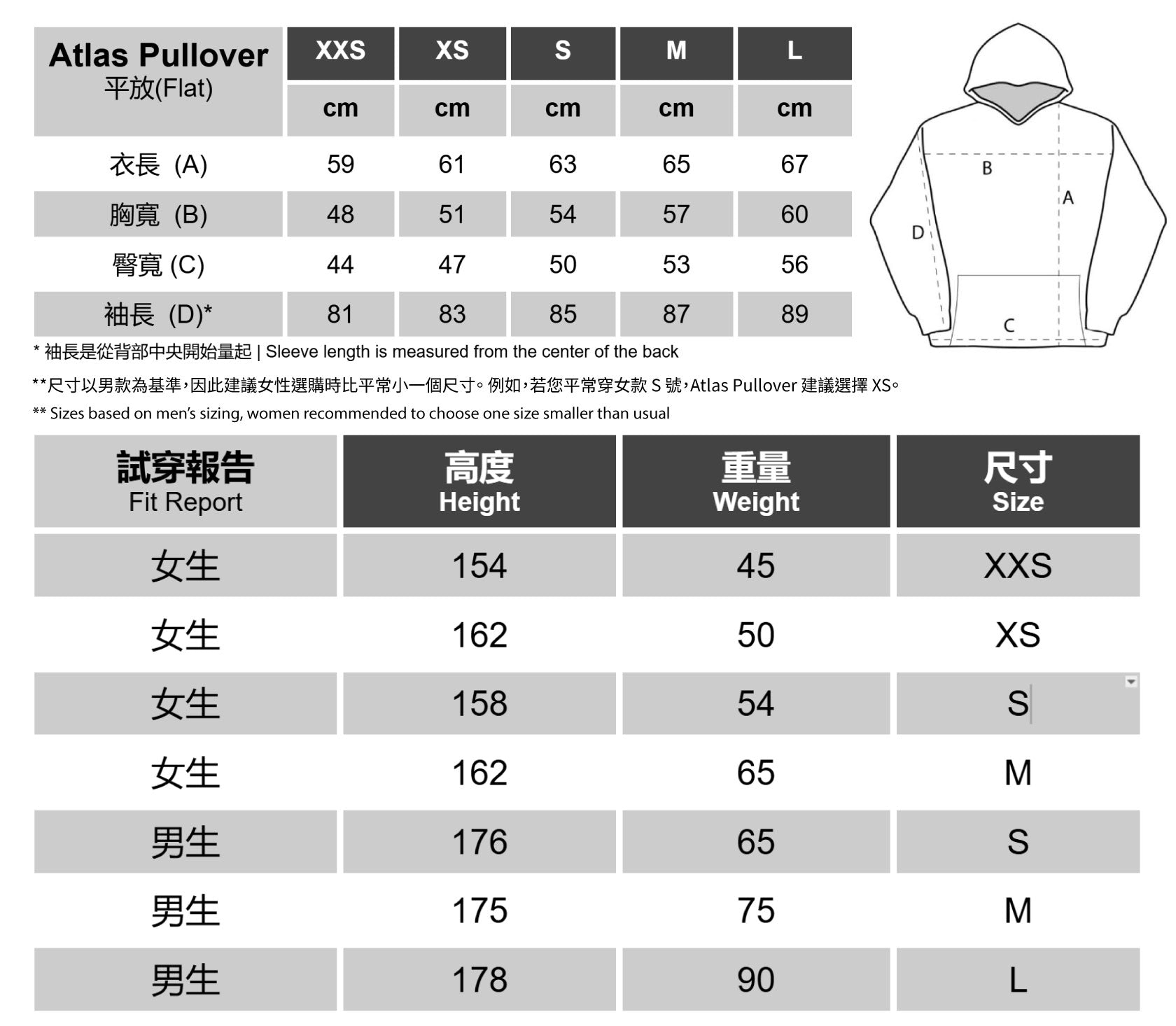 size chart 登山衣