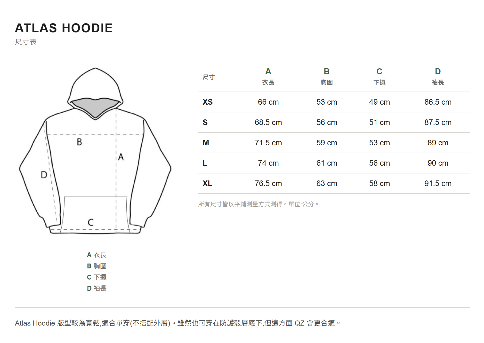 Atlas Hoodie Size Chart